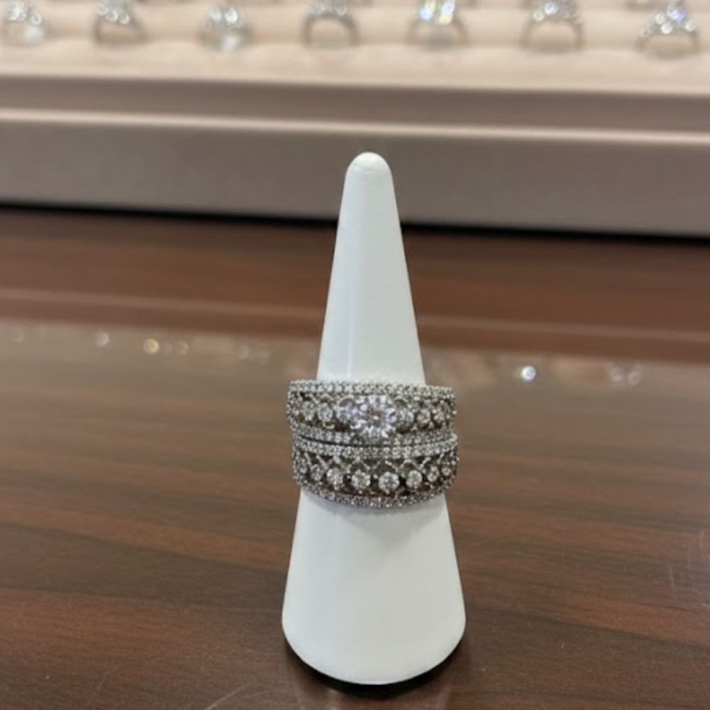 Wedding Set Silver Tone Round Cut White Diamond CZ 
Gold Plated Ring Set
